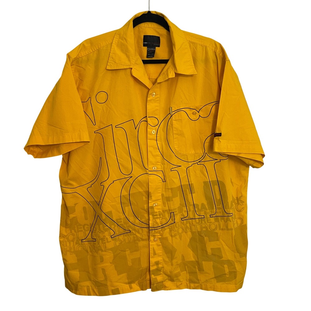 FUBU The Collection Circa XCII Yellow Graphic Button Down Shirt Mens XL Vintage